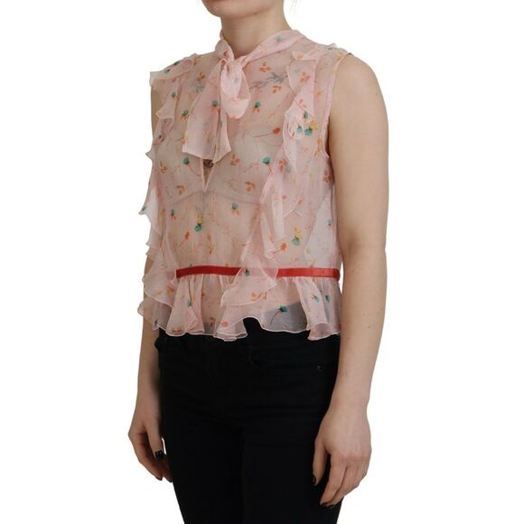 Dsquared² Pink Floral Print Silk Sleeveless Ascot Collar Women's Top (Pre-Owned) - Picture 2 of 5
